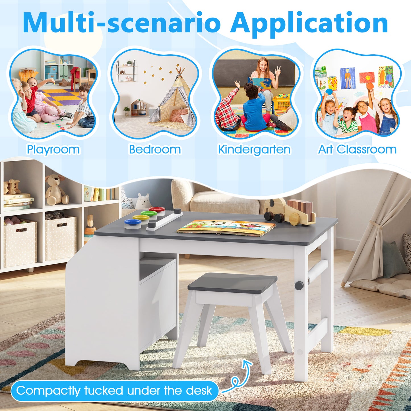 Grey Kids Art Table & Stool | Paper Roll Storage & Paint Cups