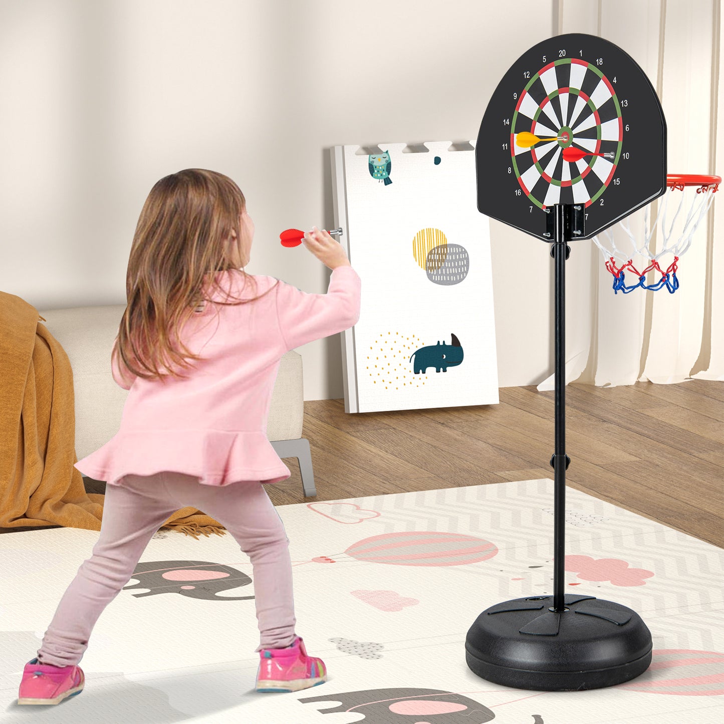 Kids Black Basketball Hoop | Dart Board | Adjustable Height
