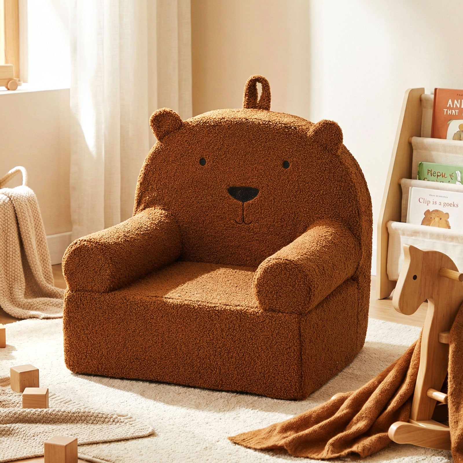 Kids Bear Sofa with Soft Fleece Fabric Cover for Playroom-Brown
