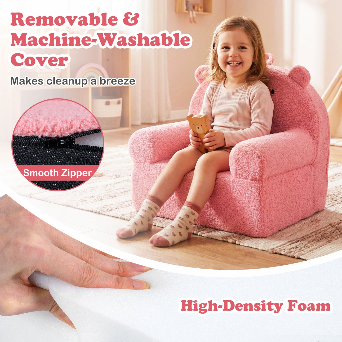 Pink Kids Bear Sofa | Teddy Fleece Fabric | Portable Design