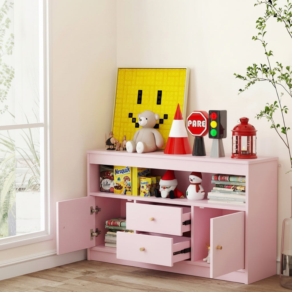 Costway Kids Toy Storage Organizer with 2 Drawers and 2 Closed Cabinets-Pink