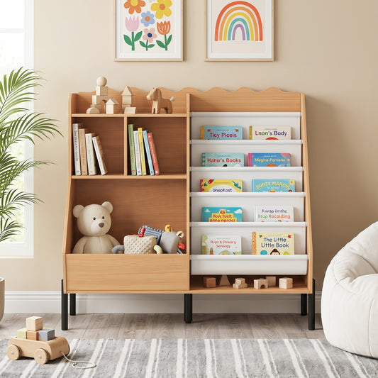 Kids Bookshelf & Toy Storage | 5 Fabric Pockets | Natural White