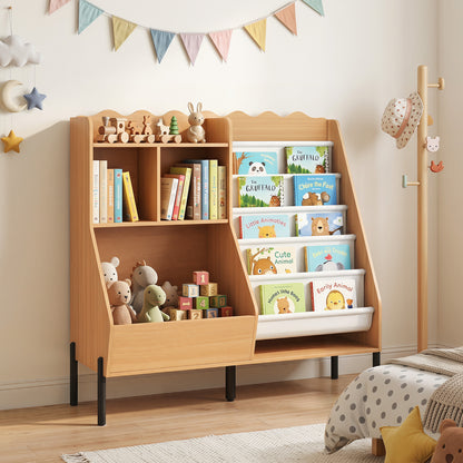 Kids Bookshelf & Toy Storage | 5 Fabric Pockets | Natural White