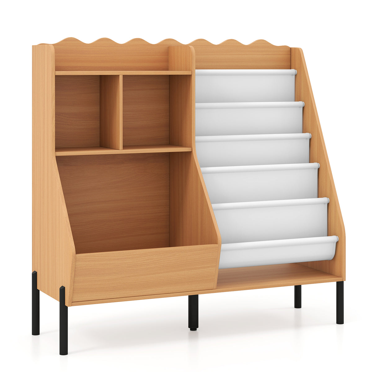 Kids Bookshelf & Toy Storage | 5 Fabric Pockets | Natural White