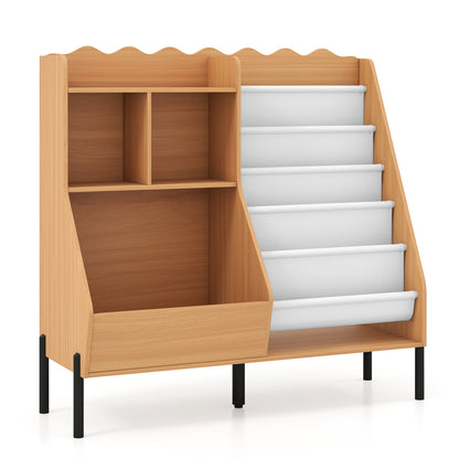 Kids Bookshelf & Toy Storage | 5 Fabric Pockets | Natural White