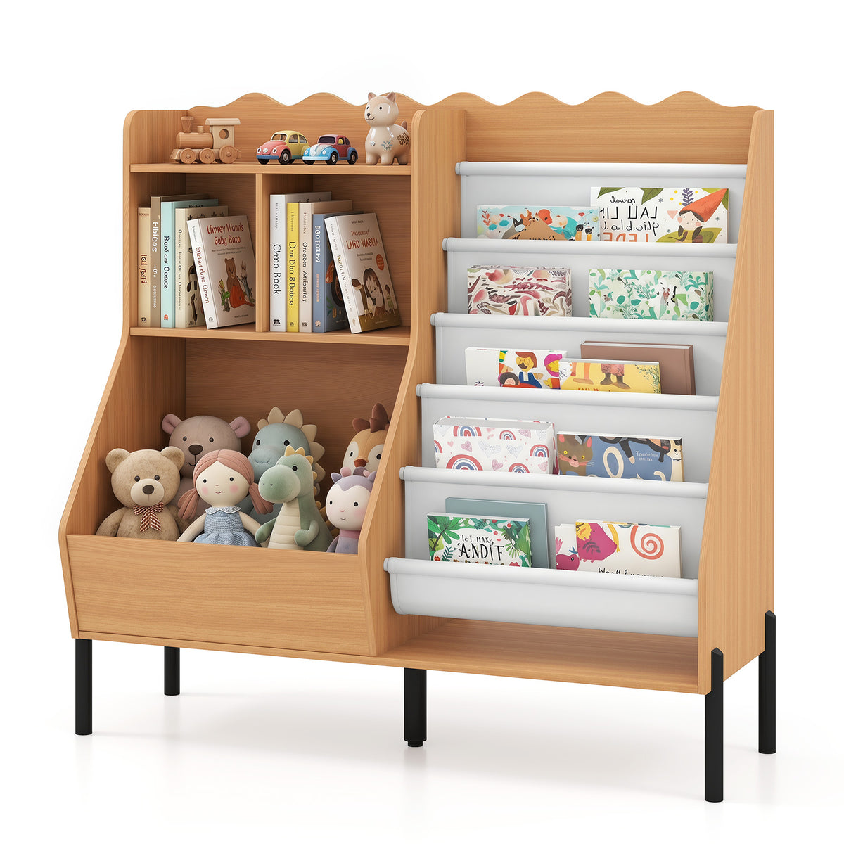 Kids Bookshelf & Toy Storage | 5 Fabric Pockets | Natural White