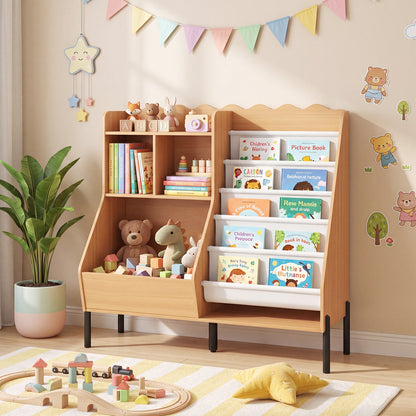 Kids Bookshelf & Toy Storage | 5 Fabric Pockets | Natural White