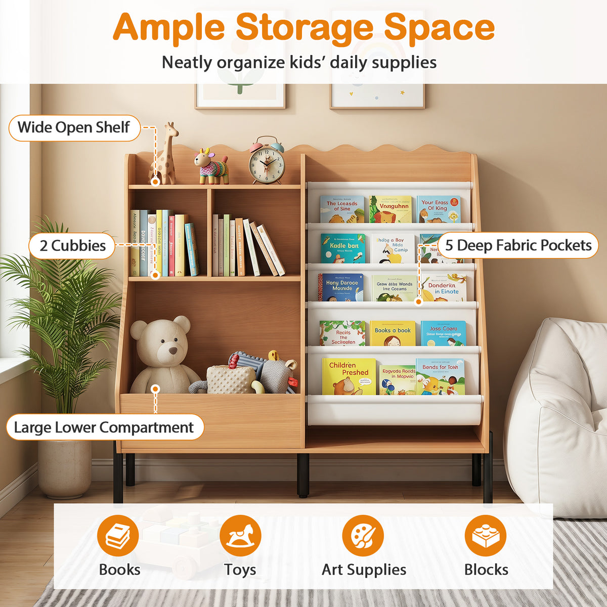 Kids Bookshelf & Toy Storage | 5 Fabric Pockets | Natural White