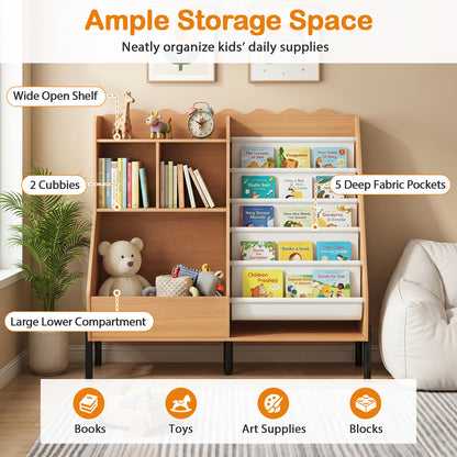 Kids Bookshelf & Toy Storage | 5 Fabric Pockets | Natural White
