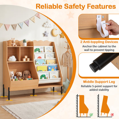Kids Bookshelf & Toy Storage | 5 Fabric Pockets | Natural White