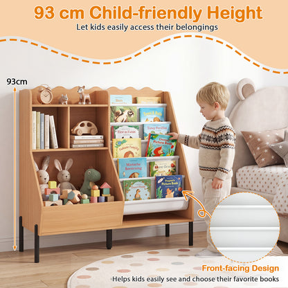 Kids Bookshelf & Toy Storage | 5 Fabric Pockets | Natural White