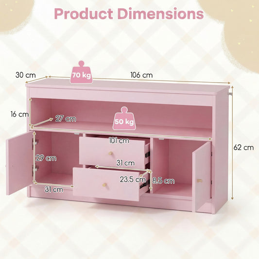 Pink children's cabinet with dimensions and weight indicators on a white background