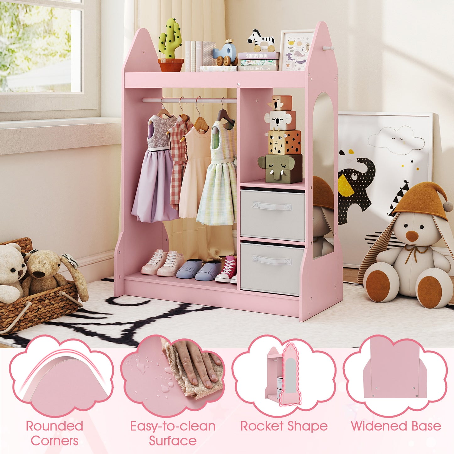Pink Kids Dress Up Center | Rocket Shape With Mirror & Storage