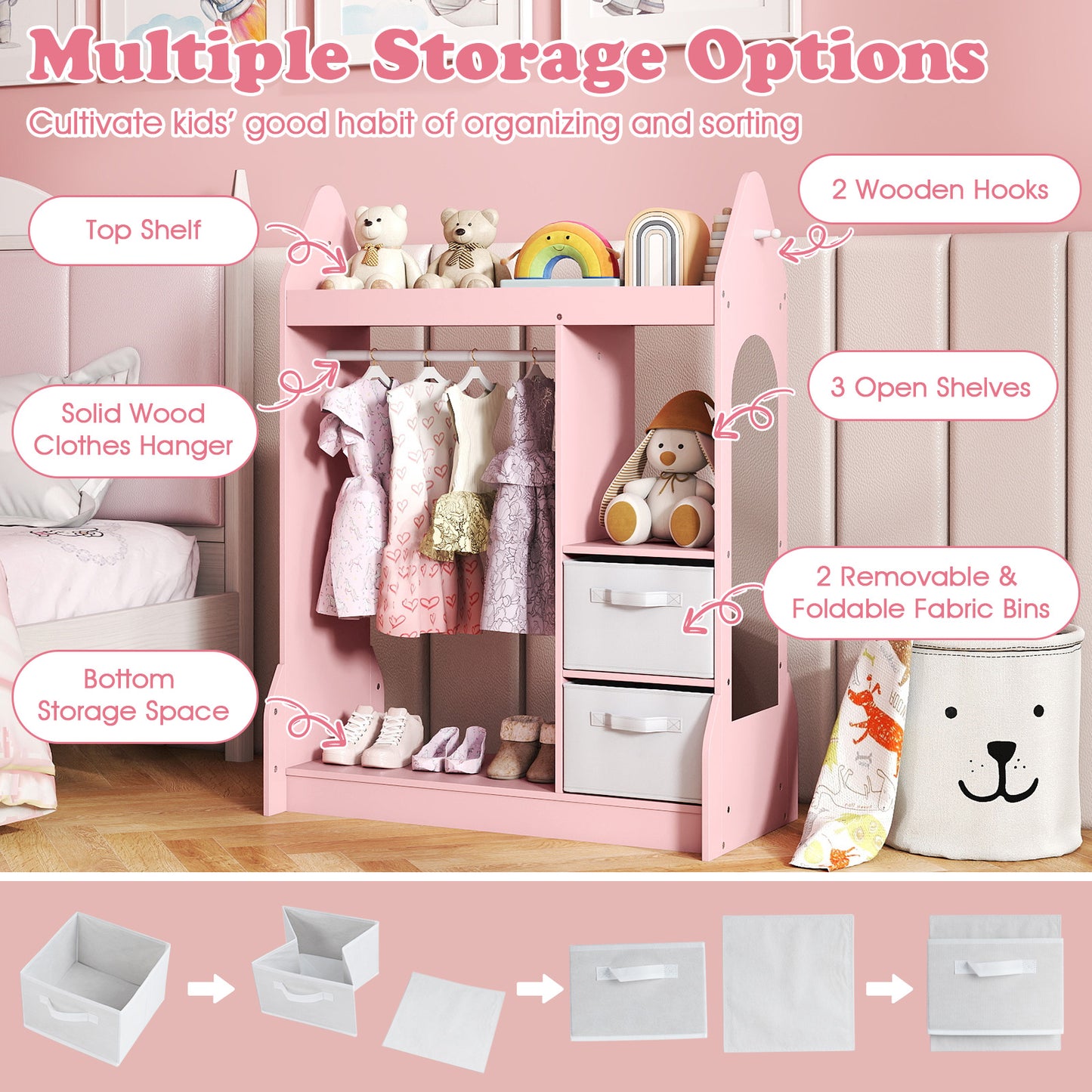 Pink Kids Dress Up Center | Rocket Shape With Mirror & Storage