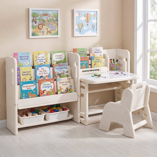 Costway Kids Desk and Chair Set with Bookshelves Storage Baskets and Tiltable Desktop-Beige