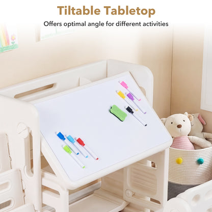 Beige Kids Desk & Chair Set | Tiltable Desktop & Bookshelves