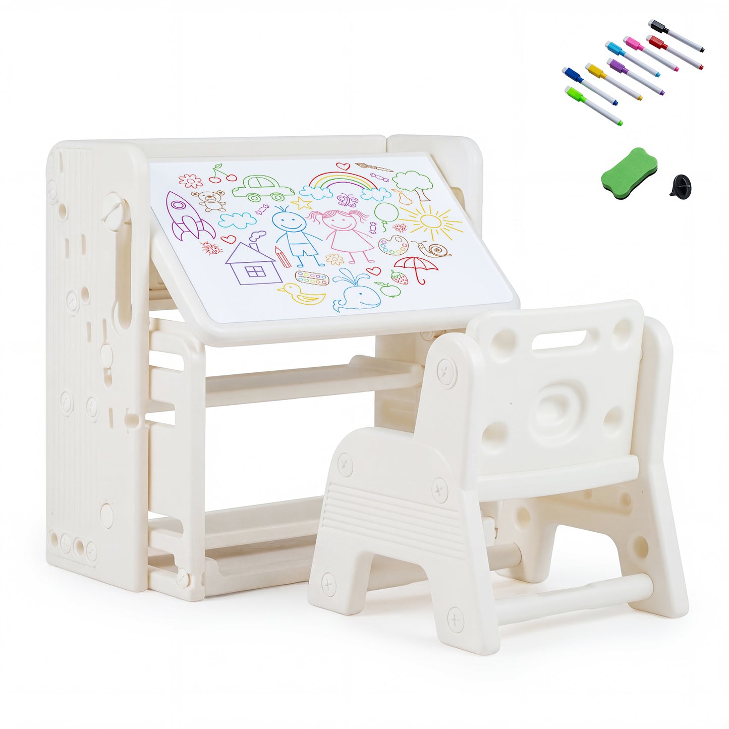 Beige Kids Desk & Chair Set | Tiltable Desktop & Bookshelves