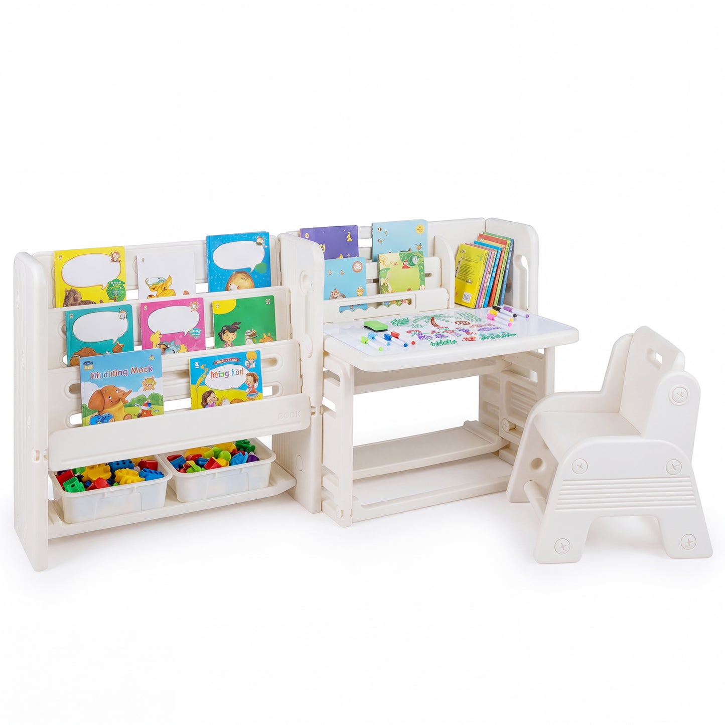 Beige Kids Desk & Chair Set | Tiltable Desktop & Bookshelves