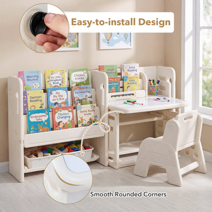 Beige Kids Desk & Chair Set | Tiltable Desktop & Bookshelves