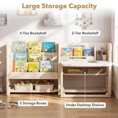 Beige Kids Desk & Chair Set | Tiltable Desktop & Bookshelves