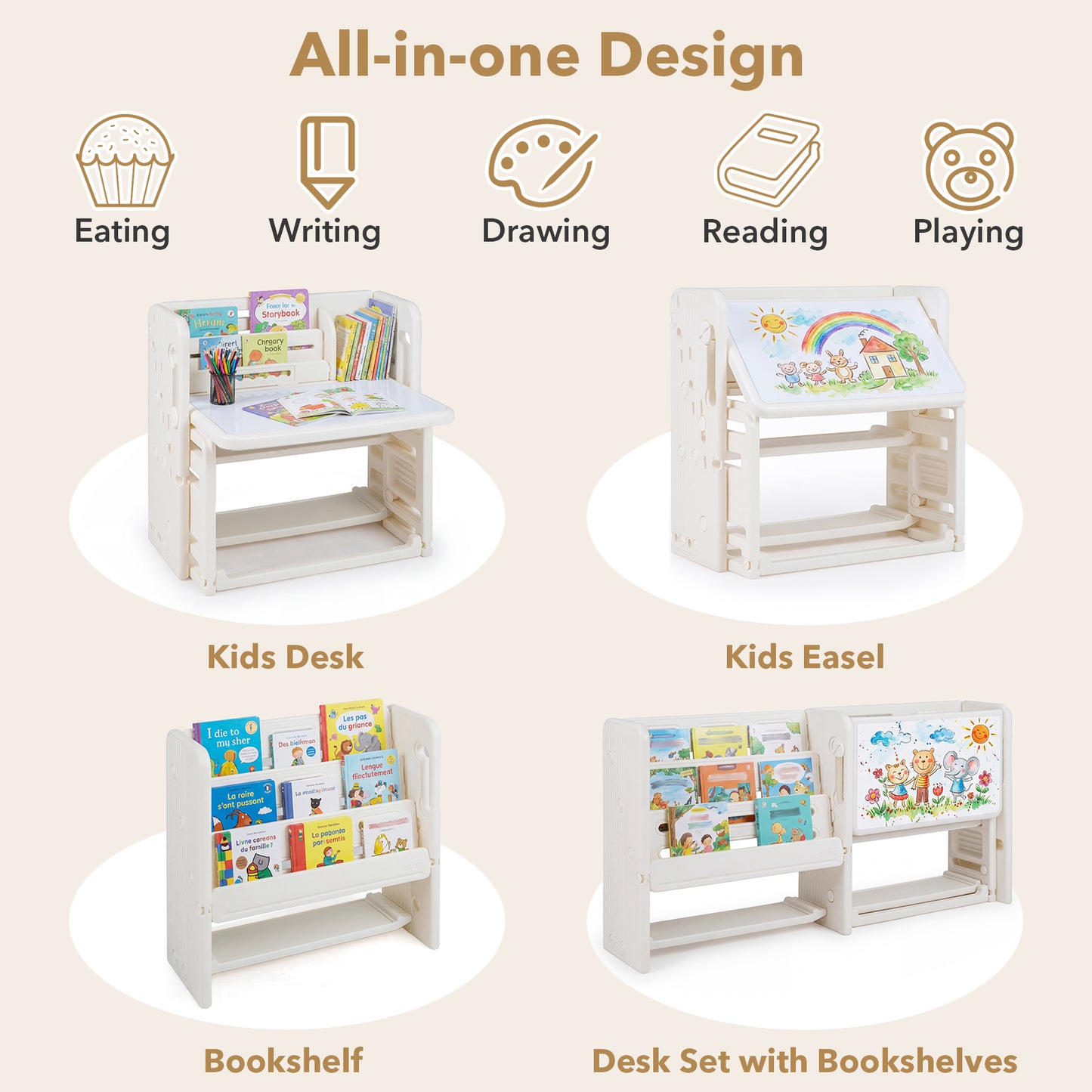 Beige Kids Desk & Chair Set | Tiltable Desktop & Bookshelves