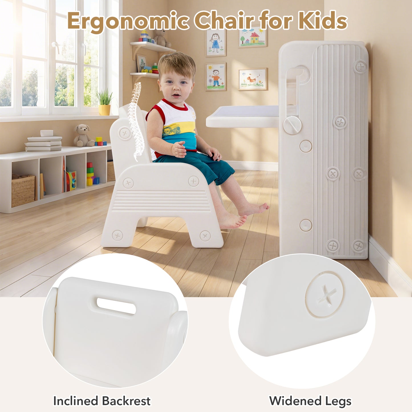 Beige Kids Desk & Chair Set | Tiltable Desktop & Bookshelves