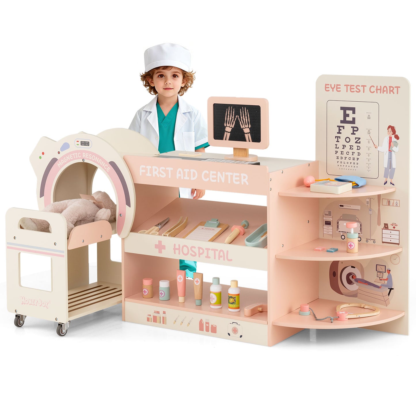 Kids Doctor Play Set with CT Machine Eye Chart Pink Wood