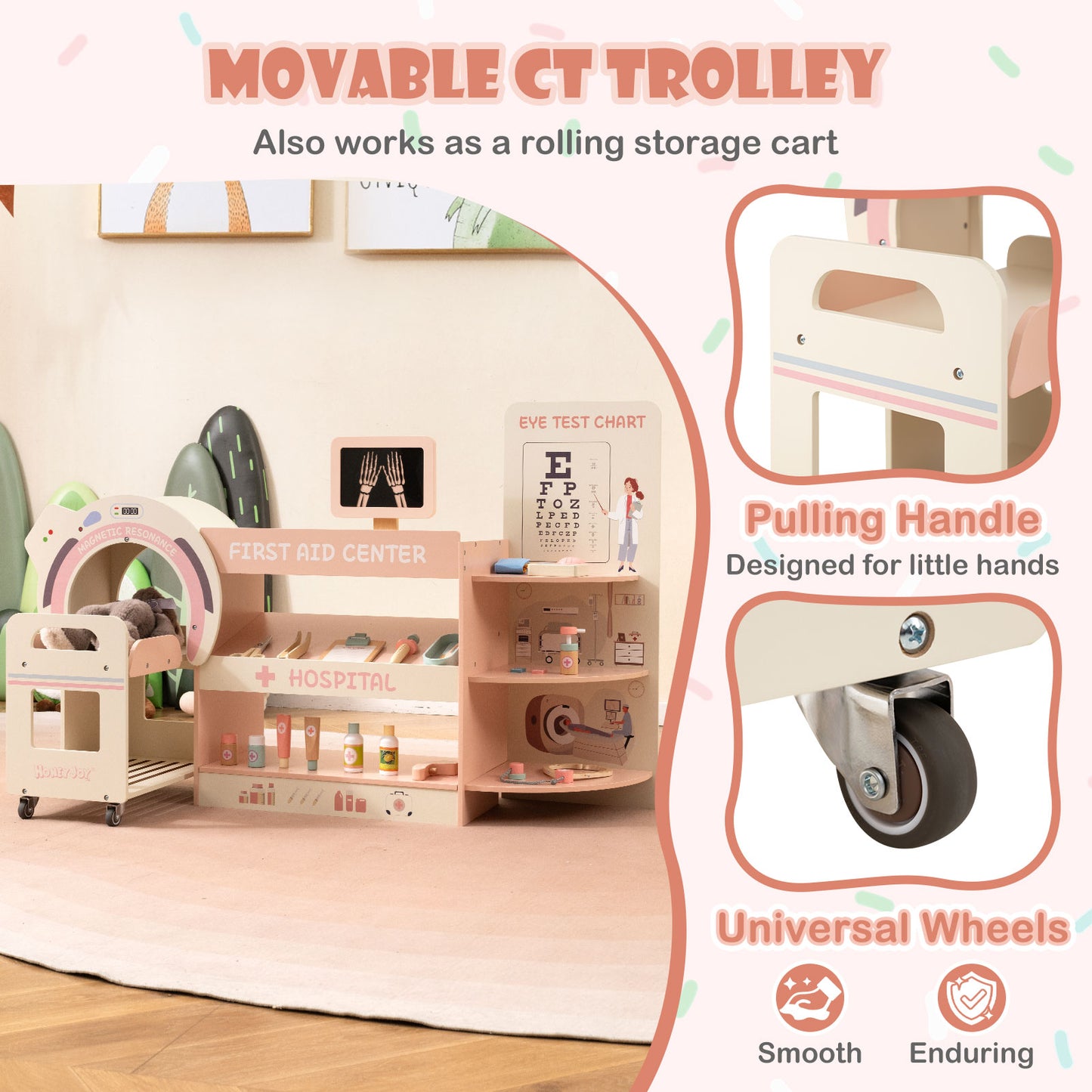 Kids Doctor Play Set with CT Machine Eye Chart Pink Wood