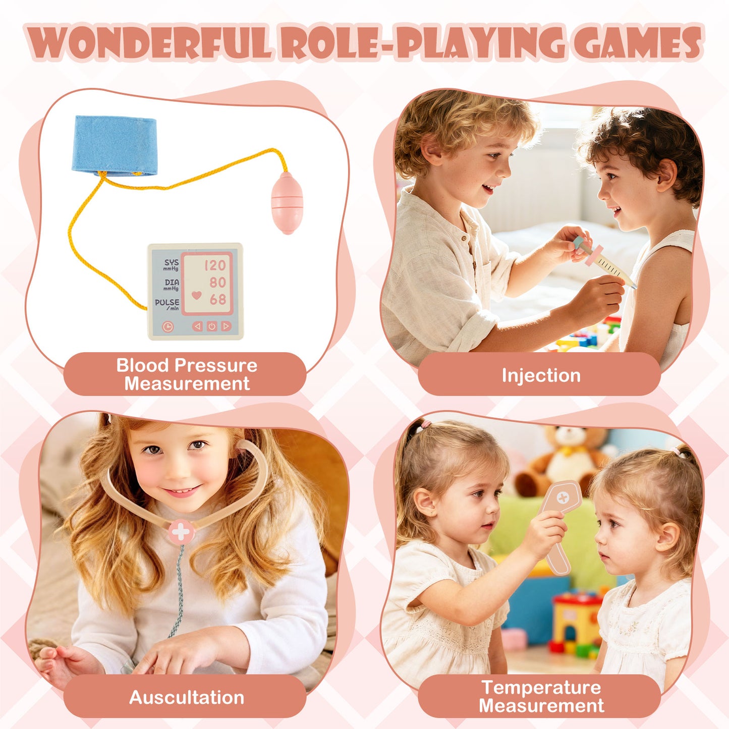 Kids Doctor Play Set with CT Machine Eye Chart Pink Wood