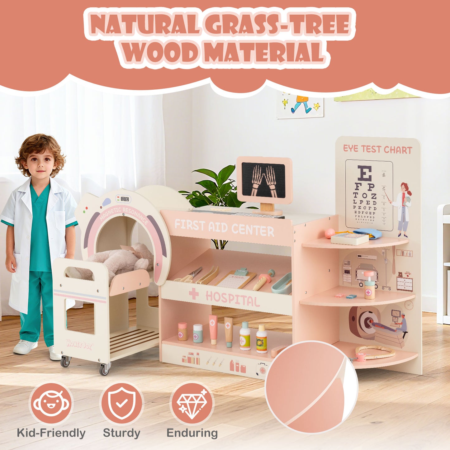 Kids Doctor Play Set with CT Machine Eye Chart Pink Wood