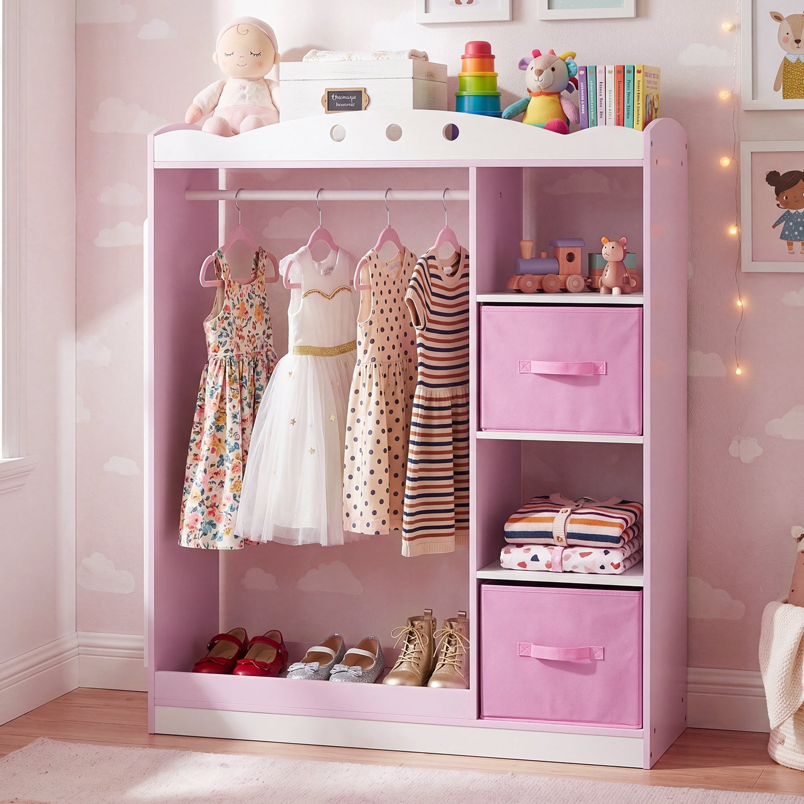 Costway Kids Dress Up Storage Shelf with  Mirror and Hanging Rod for Toddler Clothes-Pink
