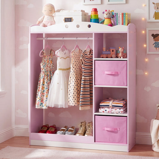 Costway Kids Dress Up Storage Shelf with  Mirror and Hanging Rod for Toddler Clothes-Pink