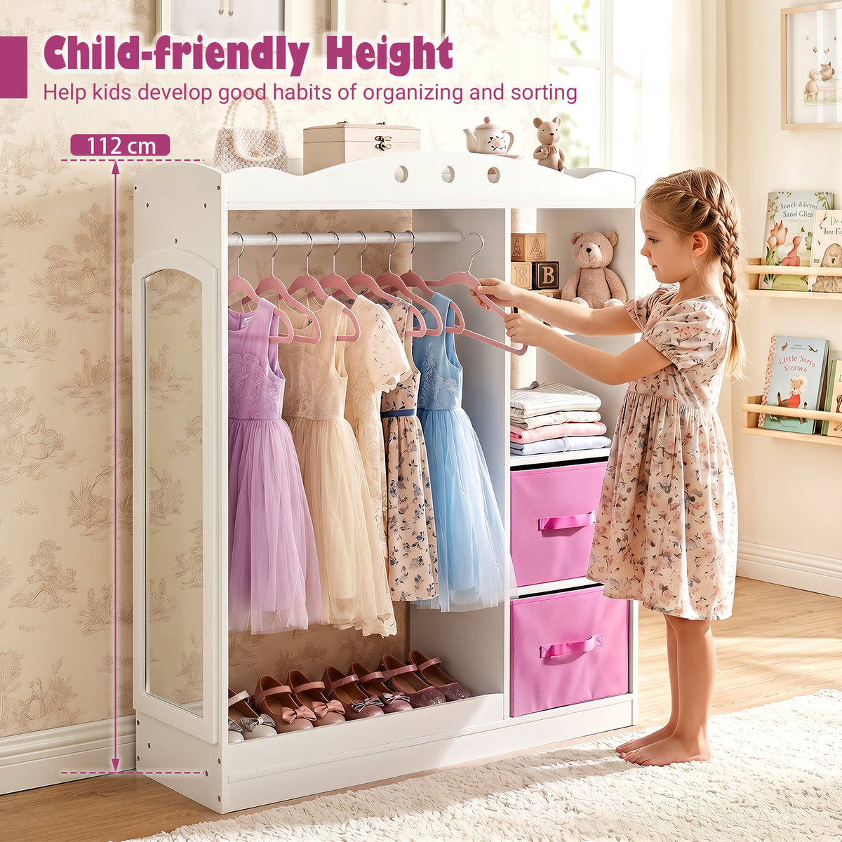 Kids Dress Up Storage Shelf With Mirror & Hanging Rod | White