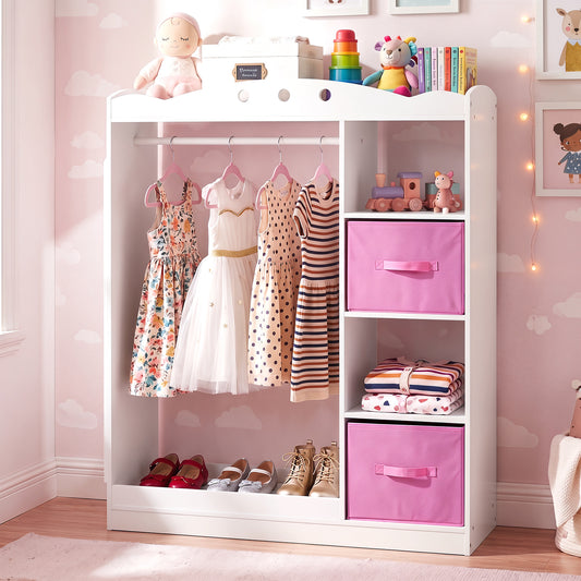 Costway Kids Dress Up Storage Shelf with  Mirror and Hanging Rod for Toddler Clothes-White