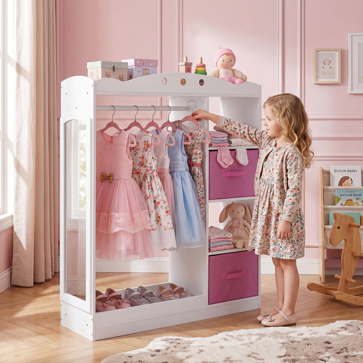Kids Dress Up Storage Shelf With Mirror & Hanging Rod | White