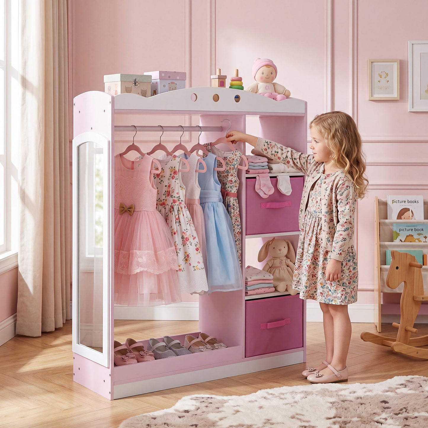 Pink Kids Dress Up Storage Shelf | Mirror & Hanging Rod