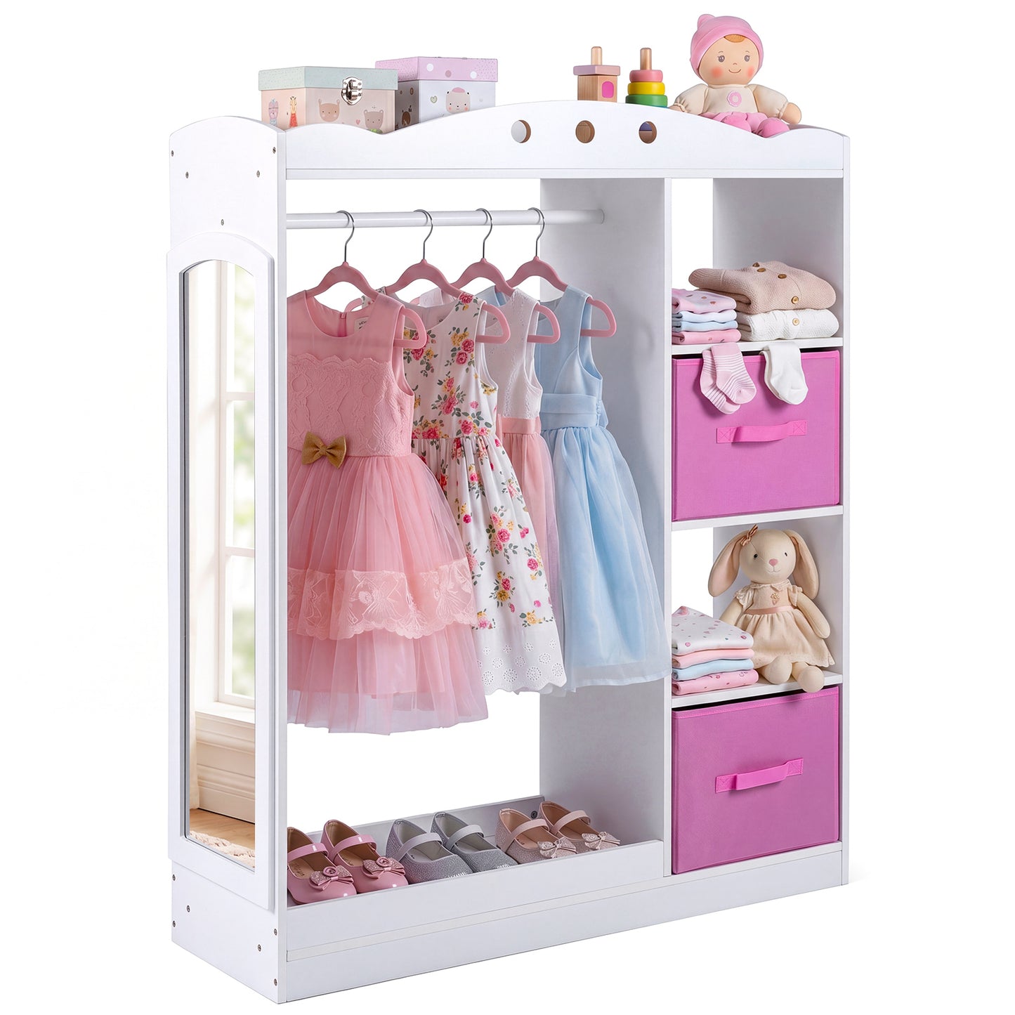 Kids Dress Up Storage Shelf With Mirror & Hanging Rod | White