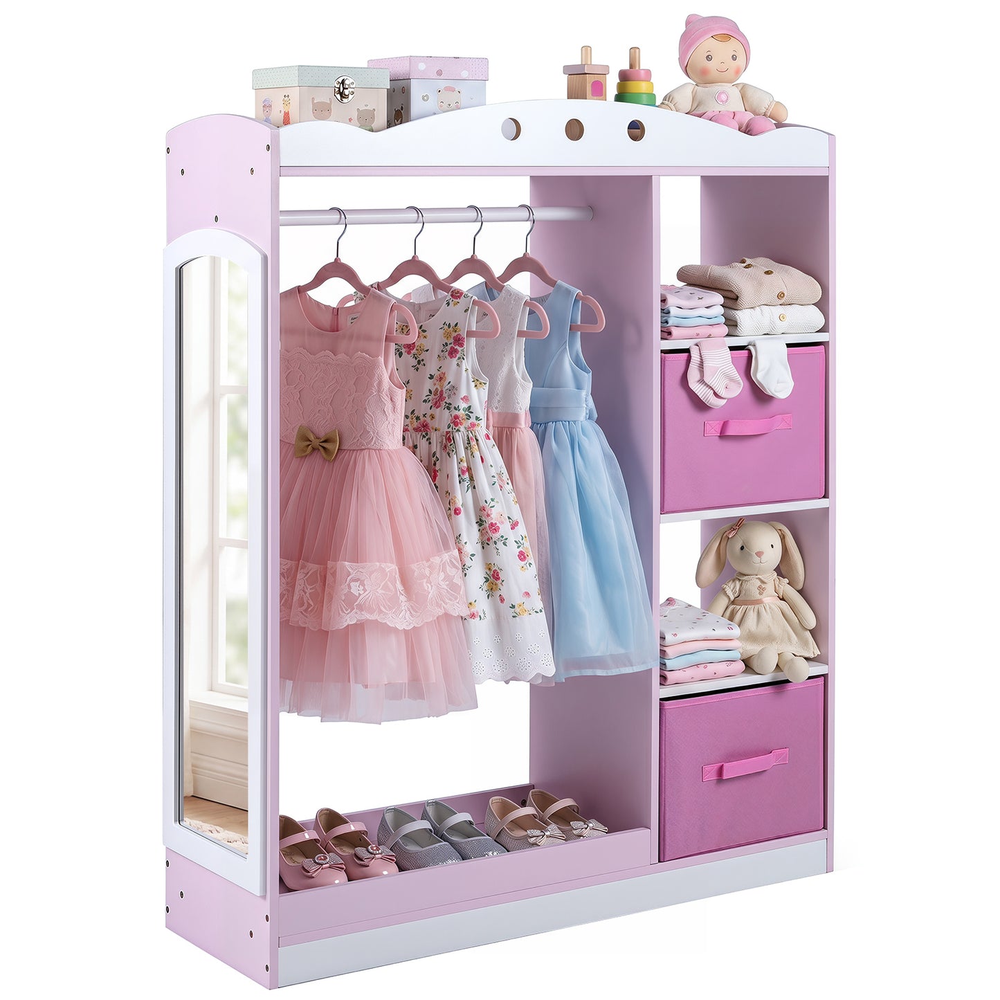 Pink Kids Dress Up Storage Shelf | Mirror & Hanging Rod