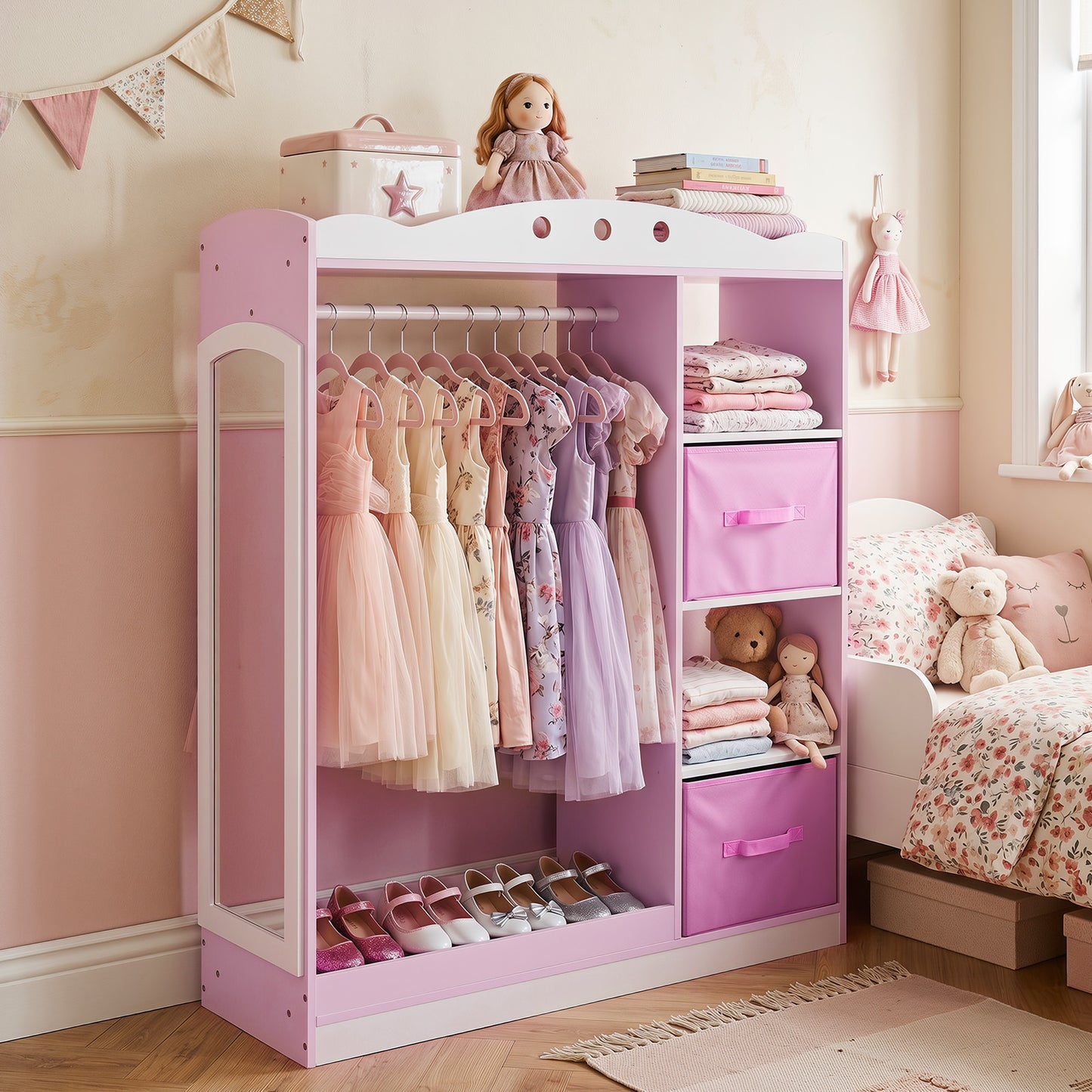 Pink Kids Dress Up Storage Shelf | Mirror & Hanging Rod