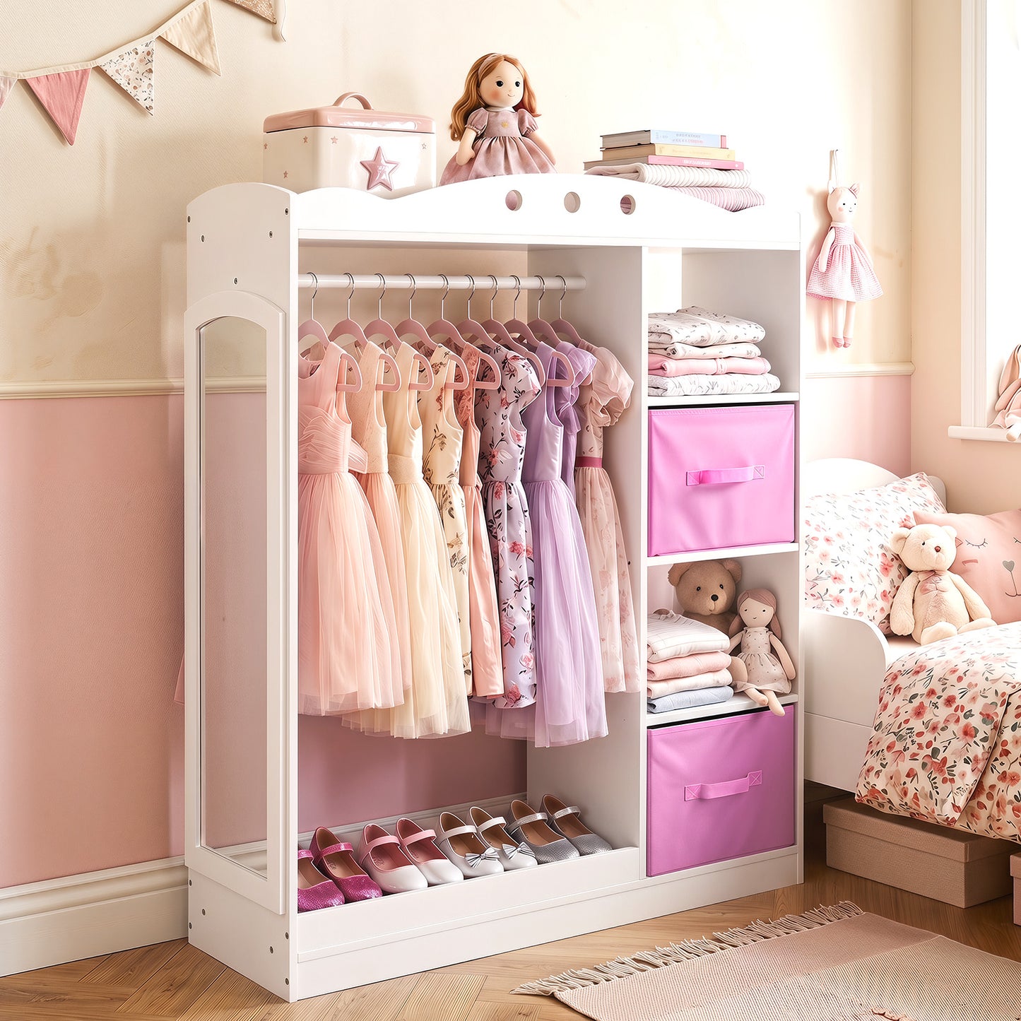 Kids Dress Up Storage Shelf With Mirror & Hanging Rod | White