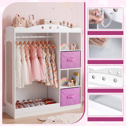 Kids Dress Up Storage Shelf With Mirror & Hanging Rod | White