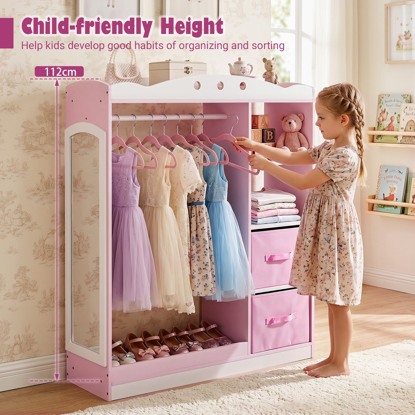 Pink Kids Dress Up Storage Shelf | Mirror & Hanging Rod