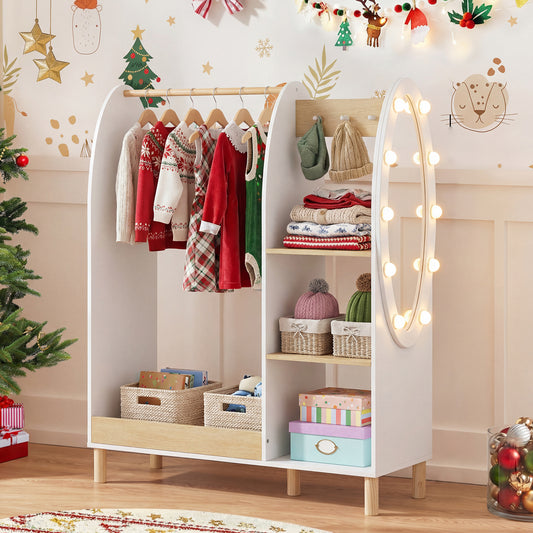 Costway Kids Dress Up Storage with Mirror and Lights-Natural
