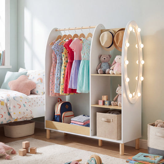 Kids Wardrobe Closet with LED Mirror | Natural & White