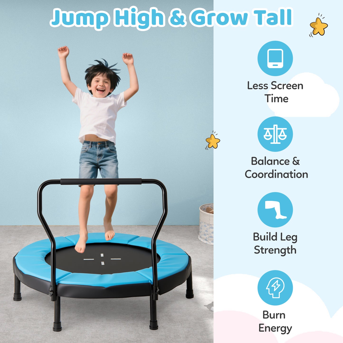 40" Blue Kids Fitness Trampoline | Foam Handle Ages 3-6