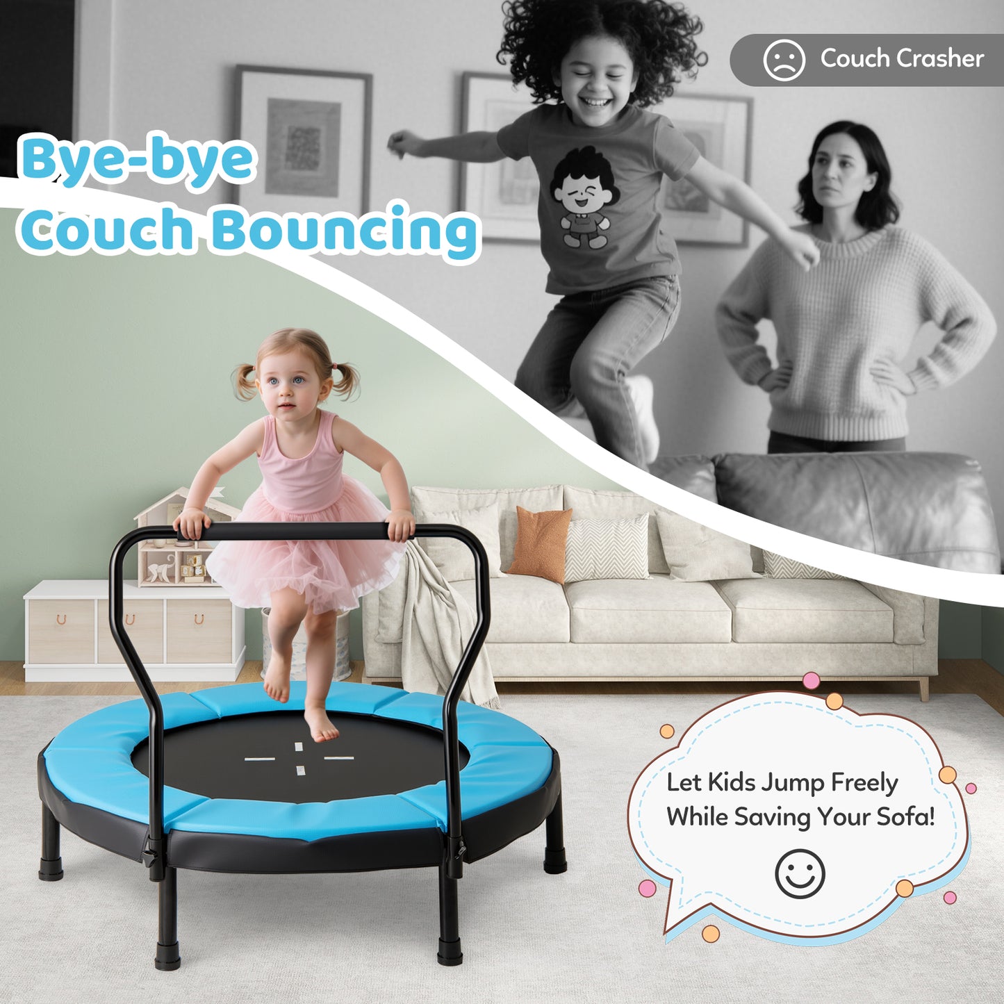 40" Blue Kids Fitness Trampoline | Foam Handle Ages 3-6