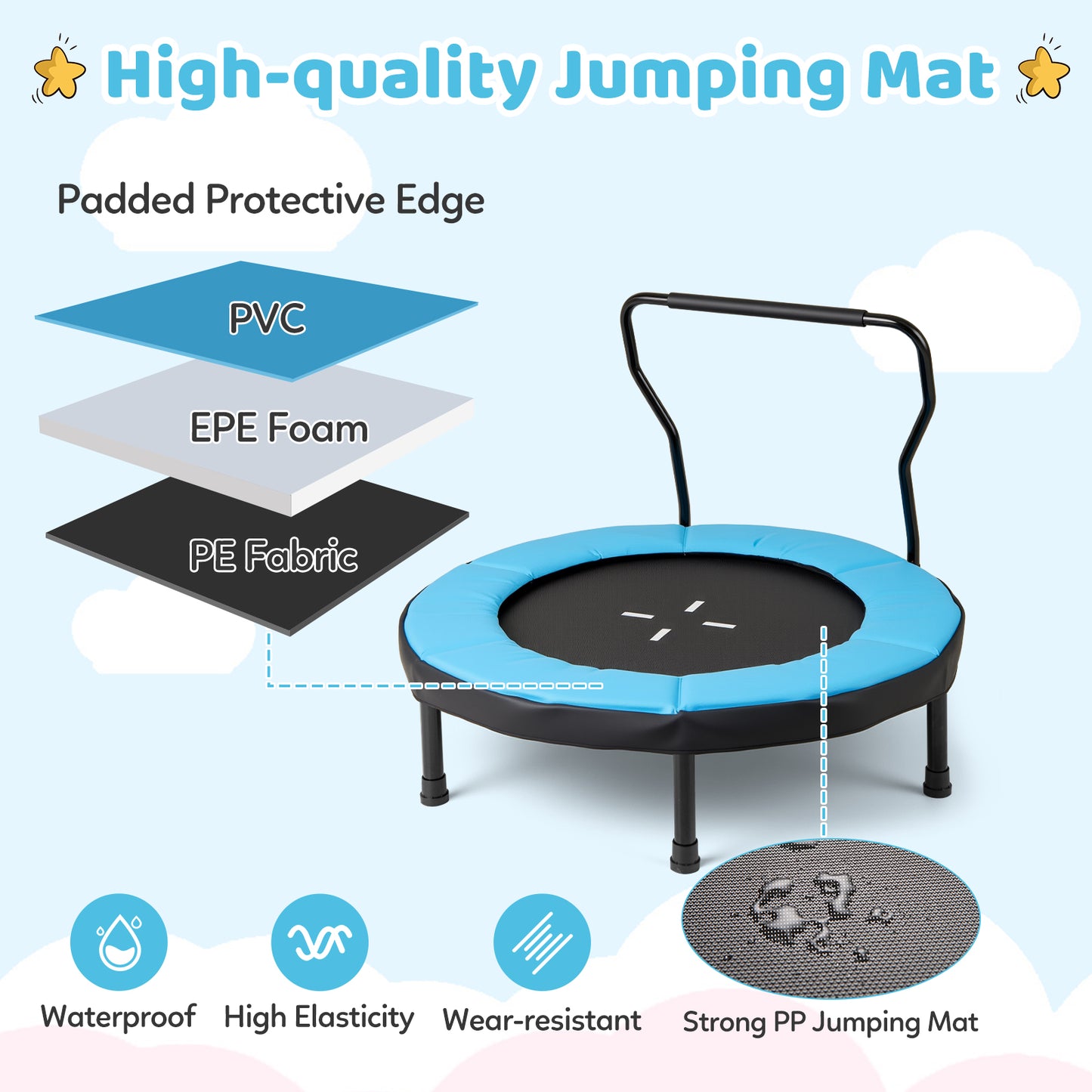 40" Blue Kids Fitness Trampoline | Foam Handle Ages 3-6