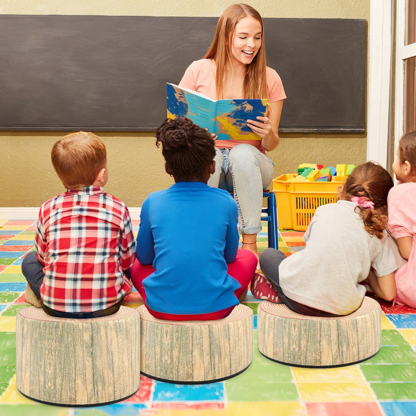 3 Piece Kids Tree Stump Floor Cushions | Natural Wood Print