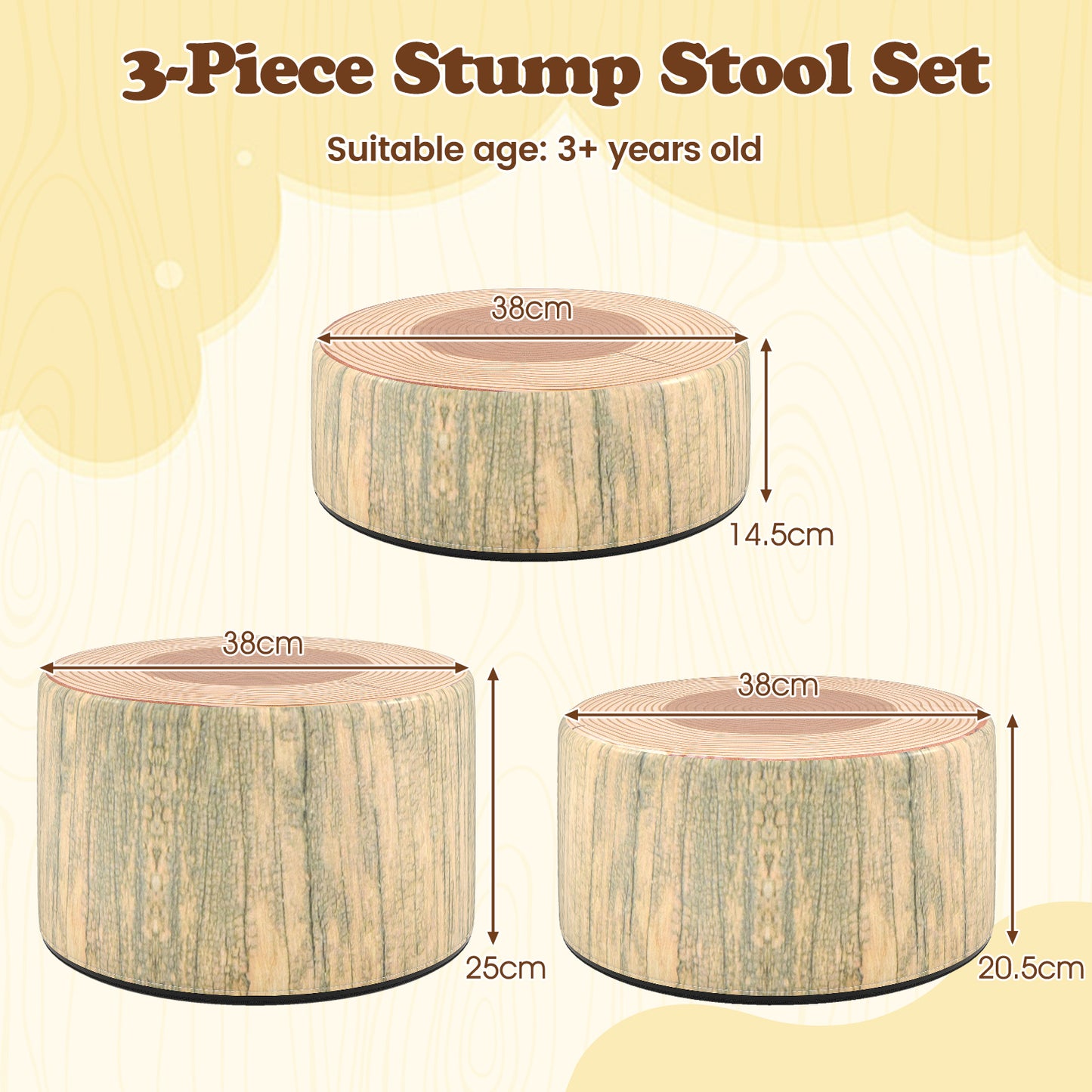 3 Piece Kids Tree Stump Floor Cushions | Natural Wood Print