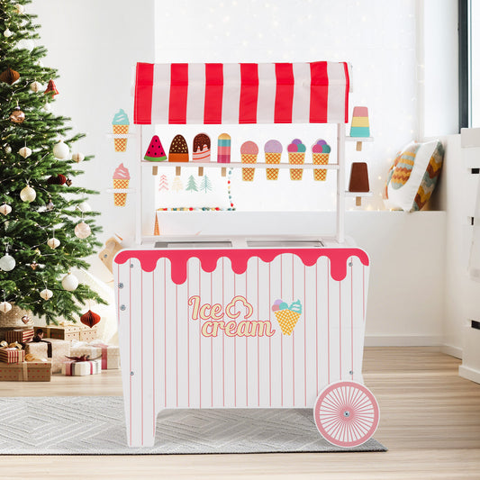 Costway Kids Ice Cream Cart with Wheels Canopy & Storage for Toddlers-Red